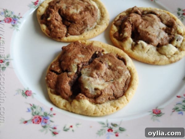 A close up photo of three double stack chocolate chip cookies resting on a plate, showcasing their two-tone appearance and soft texture.