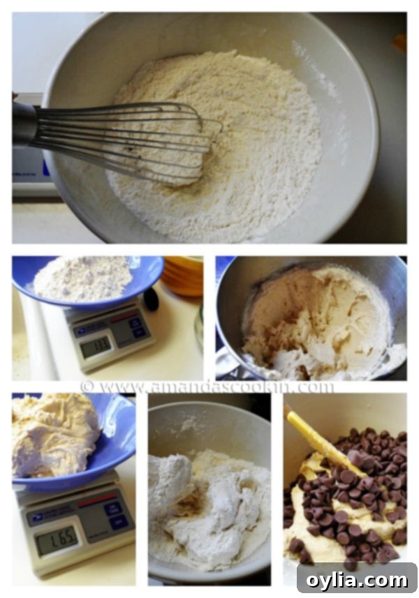 Two separate bowls of chocolate chip cookie dough – one classic, one chocolate – ready for the stacking process.