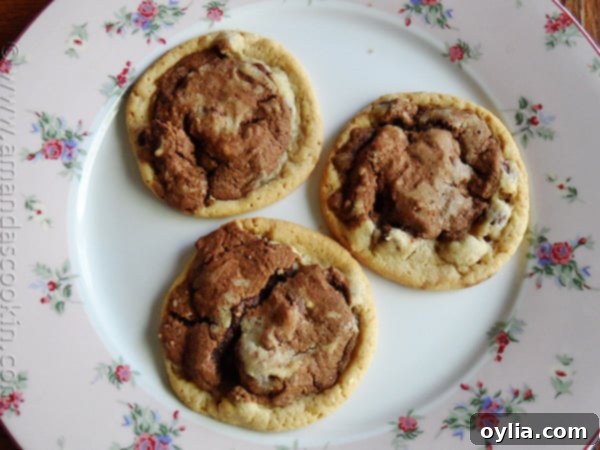 A close up photo of three perfectly soft and chewy half and half chocolate chip cookies, freshly baked on an insulated sheet, showing their ideal texture.