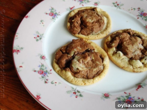 A plate featuring three perfectly baked and inviting Double Stack Chocolate Chip Cookies, showcasing their appealing two-tone design.