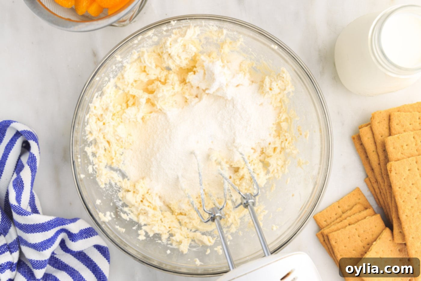 pudding mix with cream cheese in a bowl