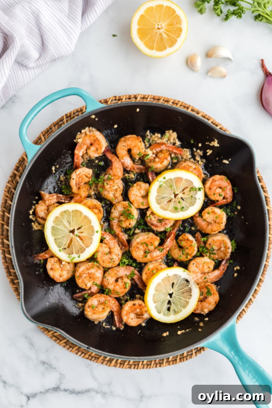Sauteed Shrimp in a skillet, golden brown and perfectly cooked