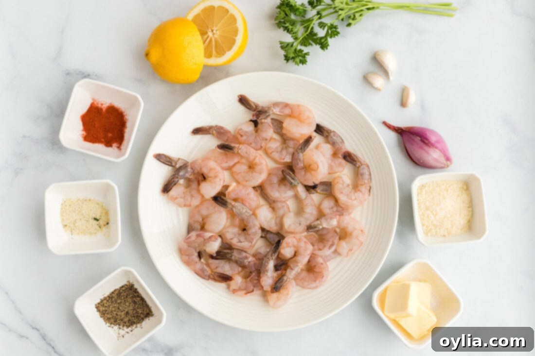 Sauteed Shrimp ingredients laid out on a board