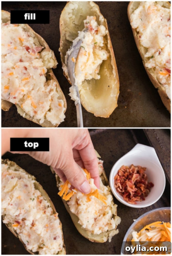 Double-Baked Potato Perfection 3 Filling the empty potato skins with the rich, creamy mixture of mashed potatoes, cheese, bacon, and chives, preparing them for the second bake.