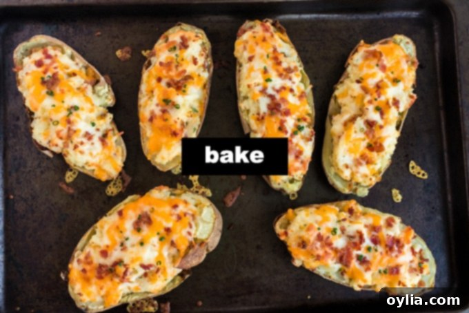 Double-Baked Potato Perfection 4 Several filled twice baked potatoes neatly arranged on a baking sheet, topped with cheese and bacon, ready for the oven.