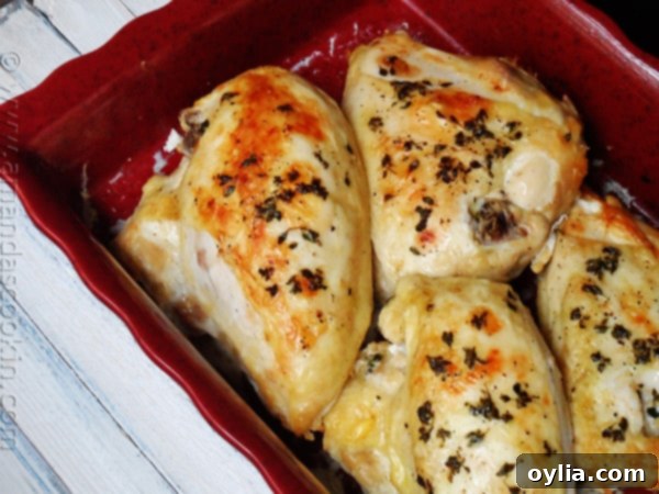 Close-up of perfectly golden roasted bone-in chicken breasts, glistening with butter and herbs, resting in a vibrant red roasting pan, ready to serve.