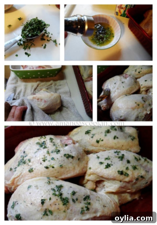 A full view of the beautifully golden roasted chicken breasts in a vibrant red pan, showcasing their inviting color, crispy texture, and fresh thyme garnish, ready to be carved.