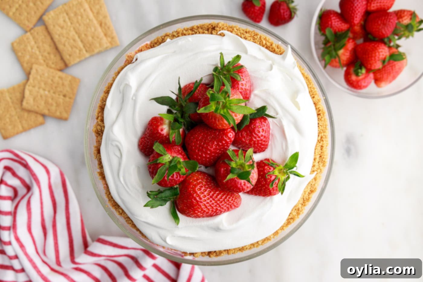 overhead shot of strawberry lasagna trifle
