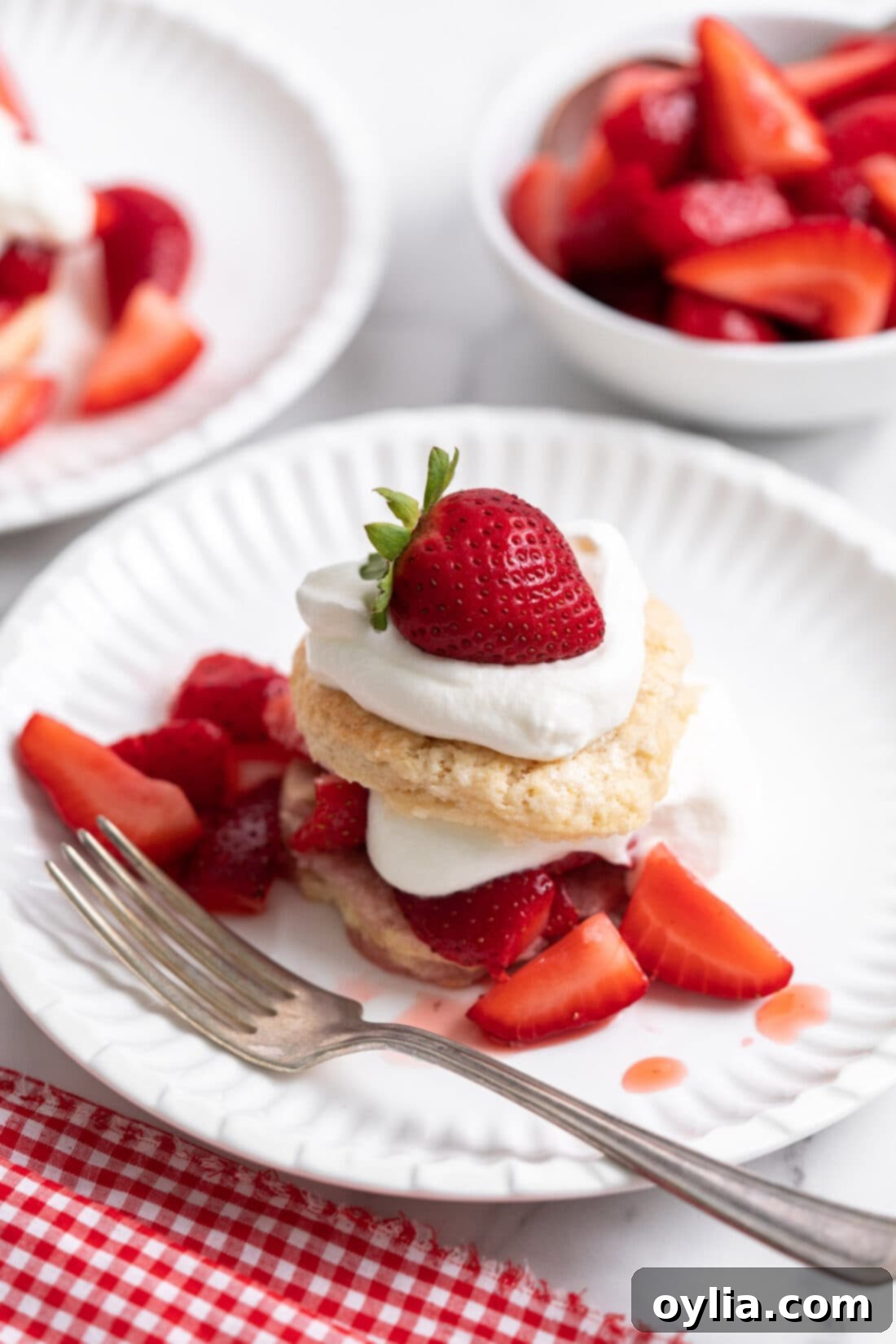Strawberry Cloud Kisses 19 Strawberry Shortcakes on a plate with fork