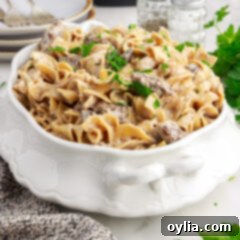 Instant Pot Beef Stroganoff served in a bowl, garnished with parsley
