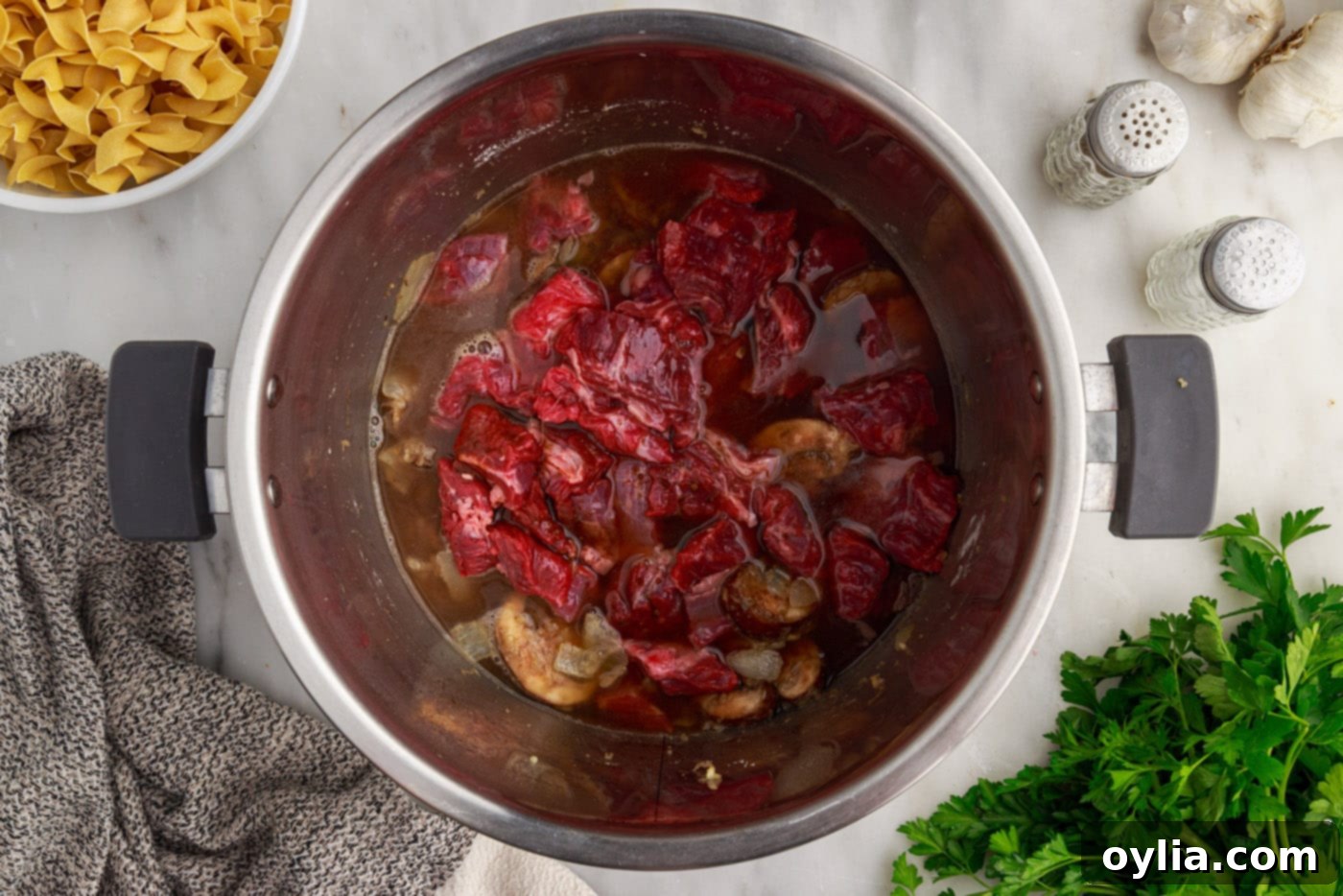 beef stroganoff ingredients in the instant pot before sealing