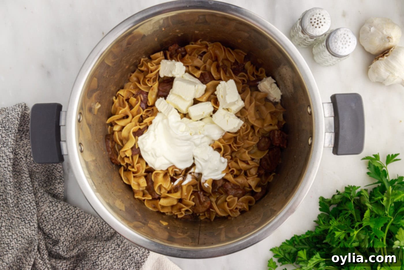 sour cream and cream cheese mixed in to instant pot beef stroganoff