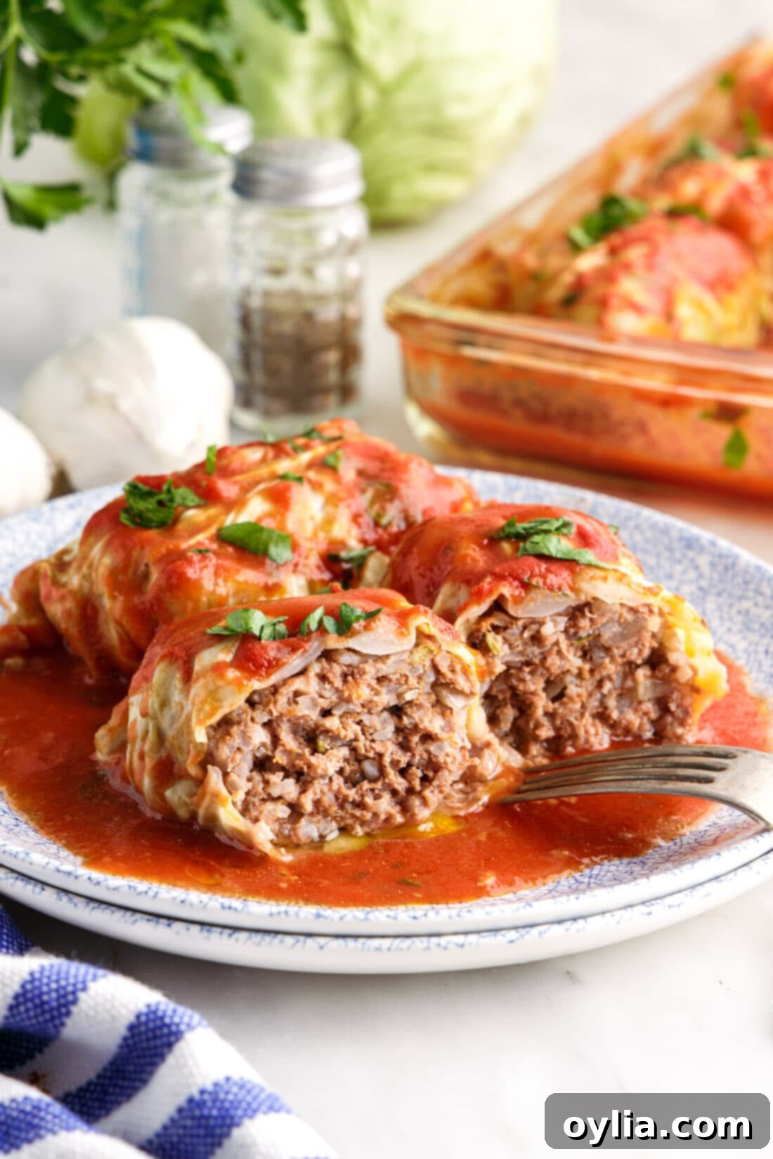 plate of sliced Cabbage Rolls
