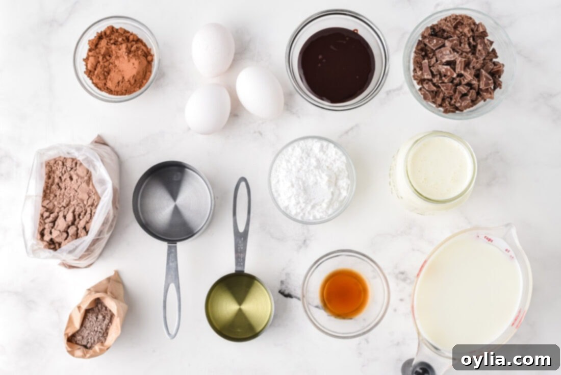 Decadent Chocolate Poke Cake 4 Chocolate Poke Cake ingredients laid out on a table, including a box of cake mix, instant pudding, heavy cream, cocoa powder, powdered sugar, and vanilla extract.