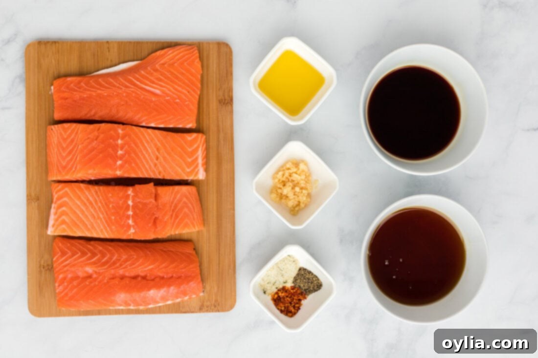 Ingredients laid out for Maple Soy Salmon recipe