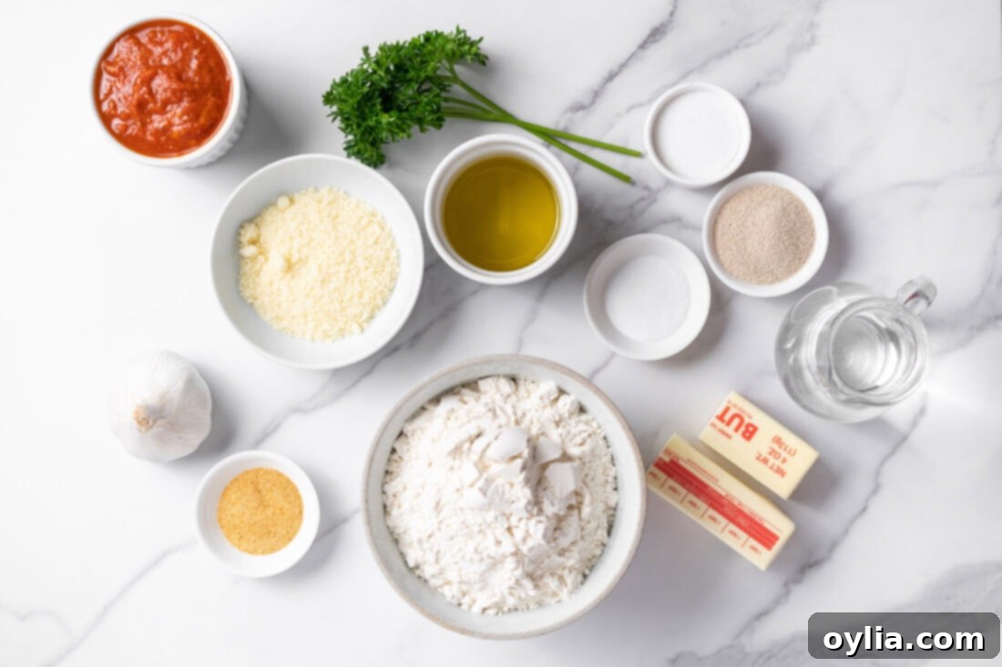 all ingredients for garlic knots laid out on a kitchen counter