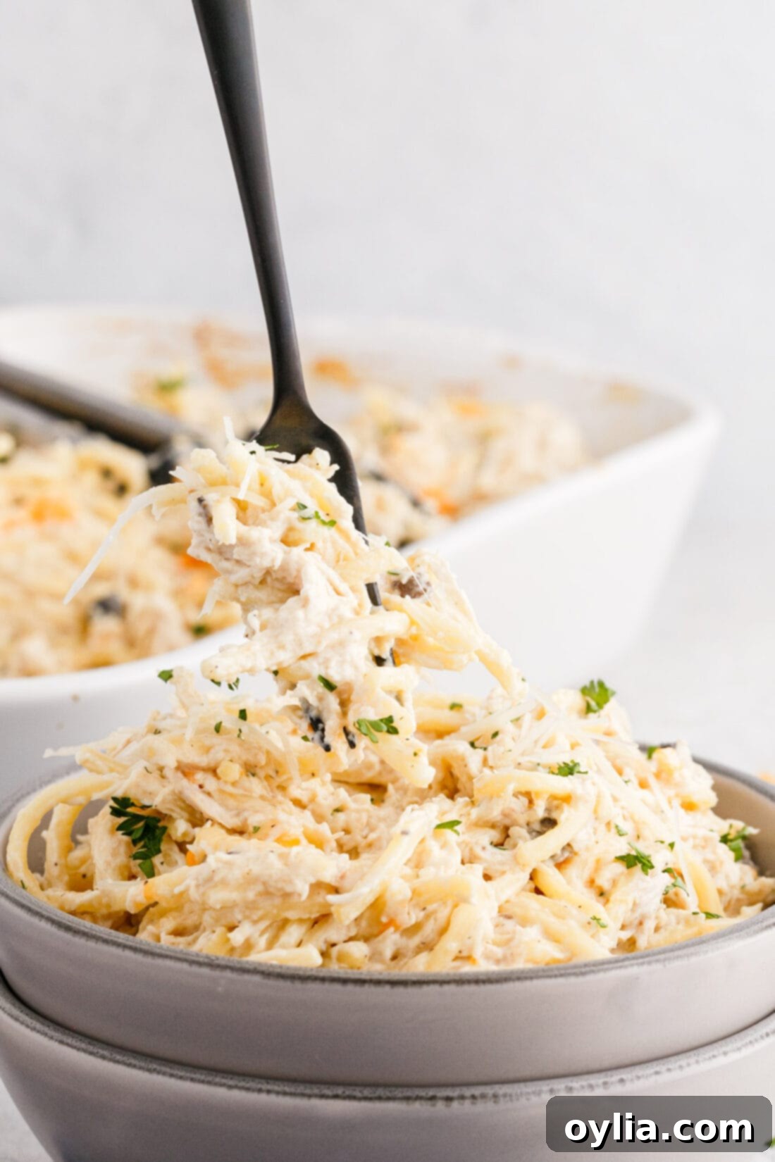 fork lifting Chicken Tetrazzini