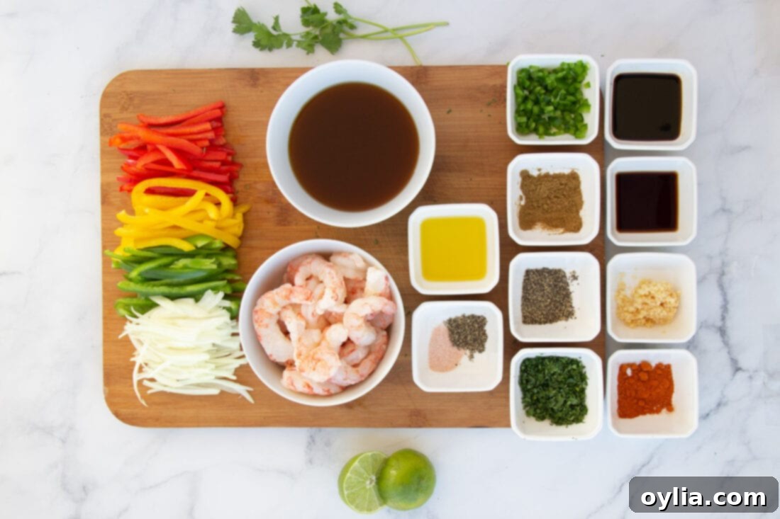Assortment of fresh ingredients for shrimp fajitas including raw shrimp, bell peppers, onions, and marinade components