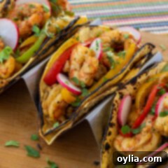 A top-down view of a plate filled with colorful shrimp fajitas and fresh garnishes