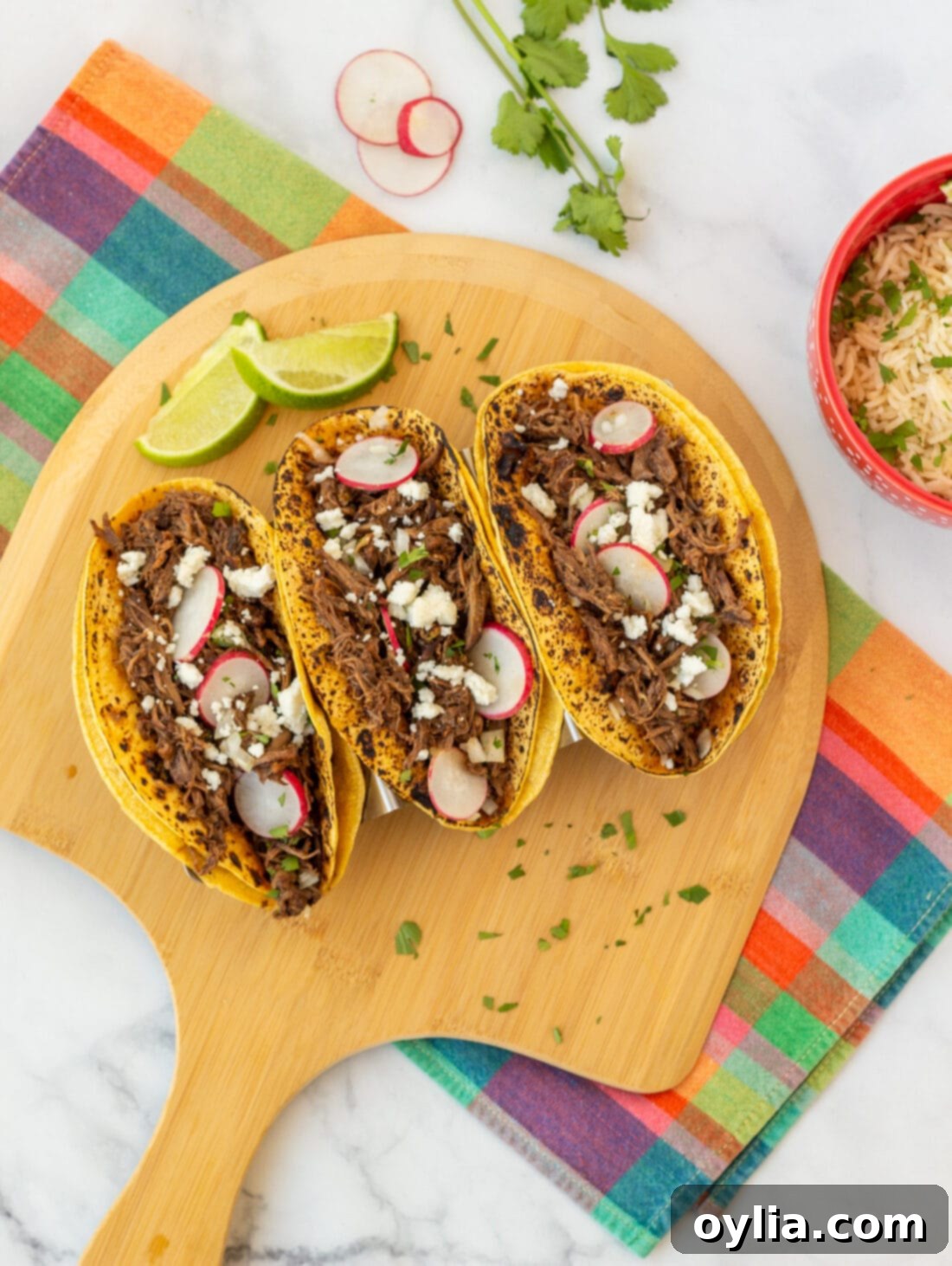 An inviting wooden platter piled high with fresh Beef Barbacoa tacos, topped with cilantro and radishes, ready to be enjoyed