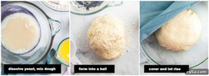 Step-by-step photos showing the preparation of bread dough, including activating yeast and mixing ingredients.