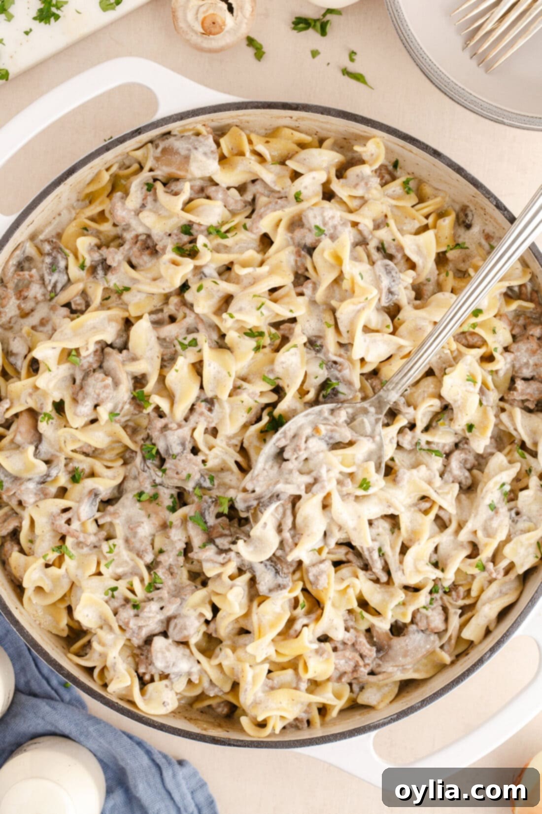 overhead photo of Ground Beef Stroganoff in pan