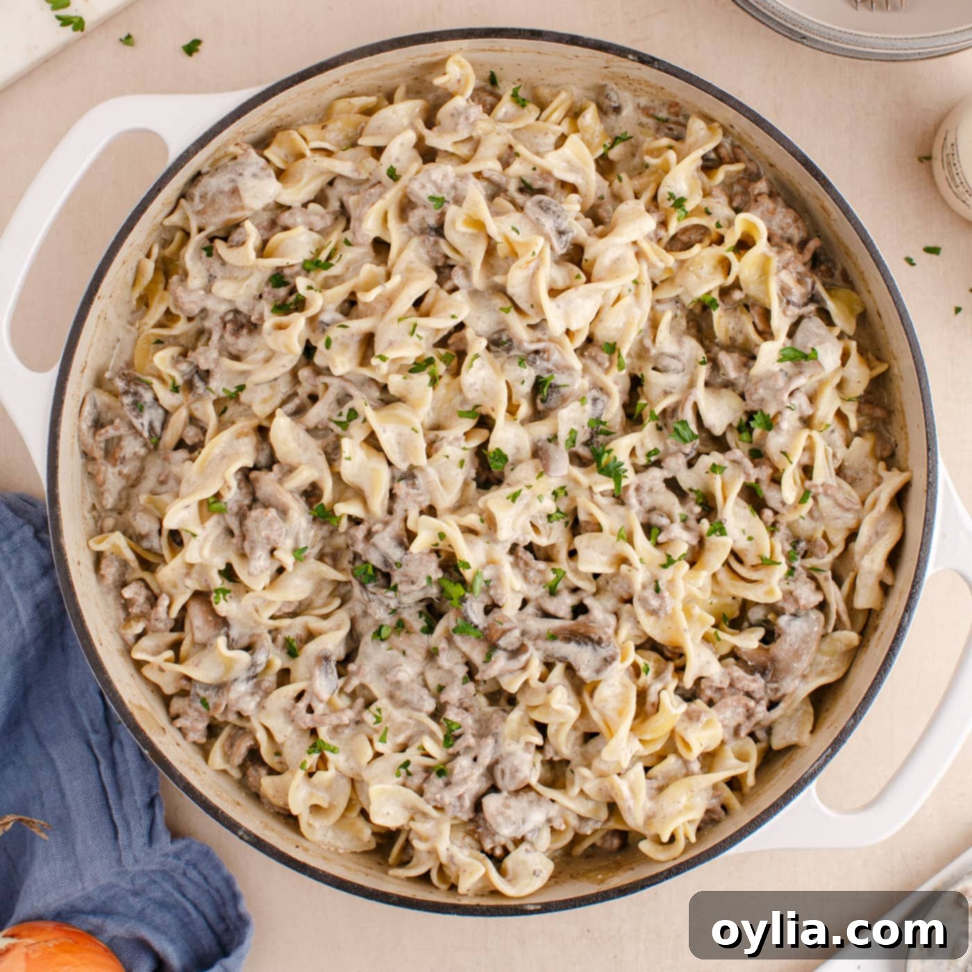 skillet of ground beef stroganoff mixed with egg noodles, garnished with parsley