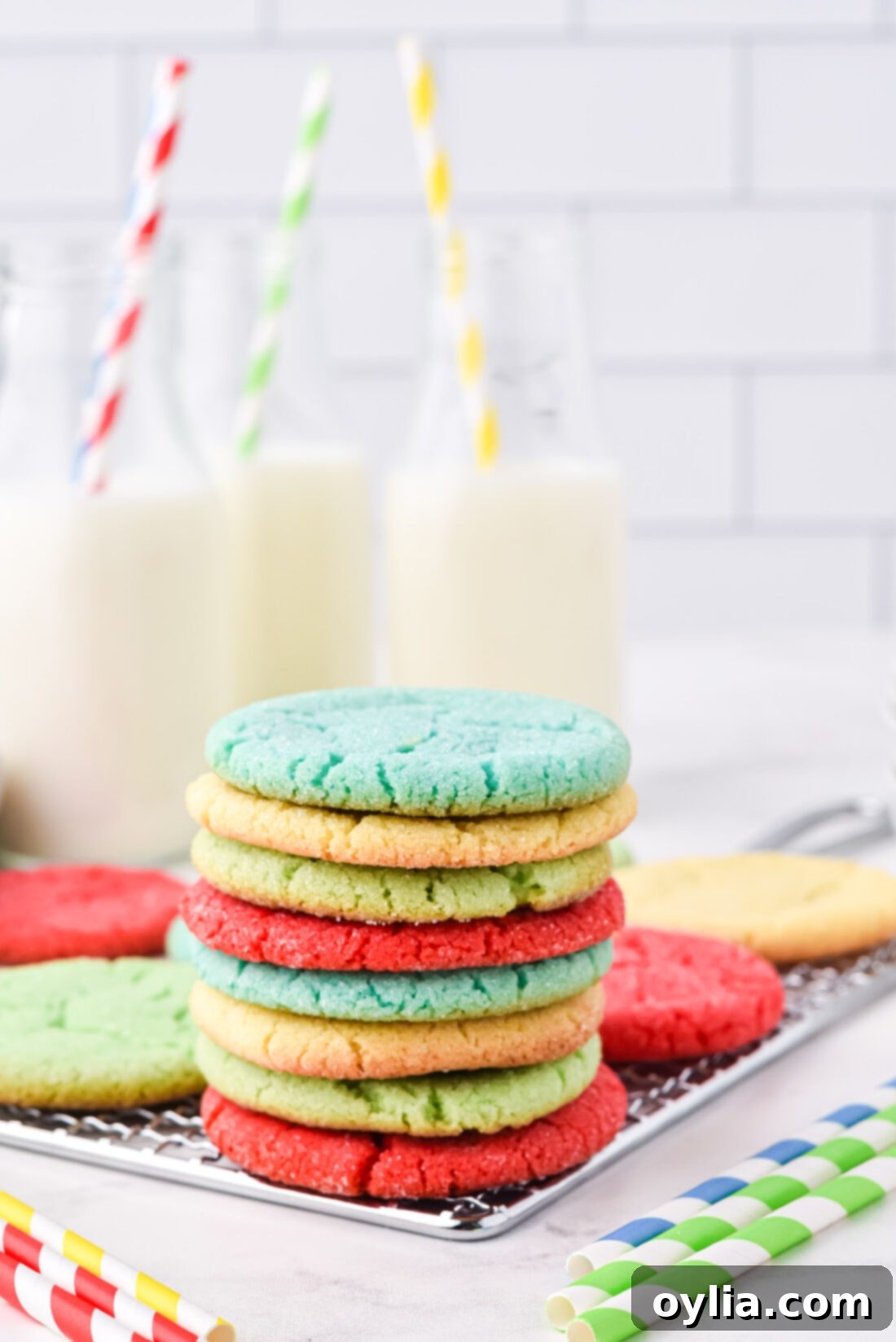 stack of Jello Cookies with milk
