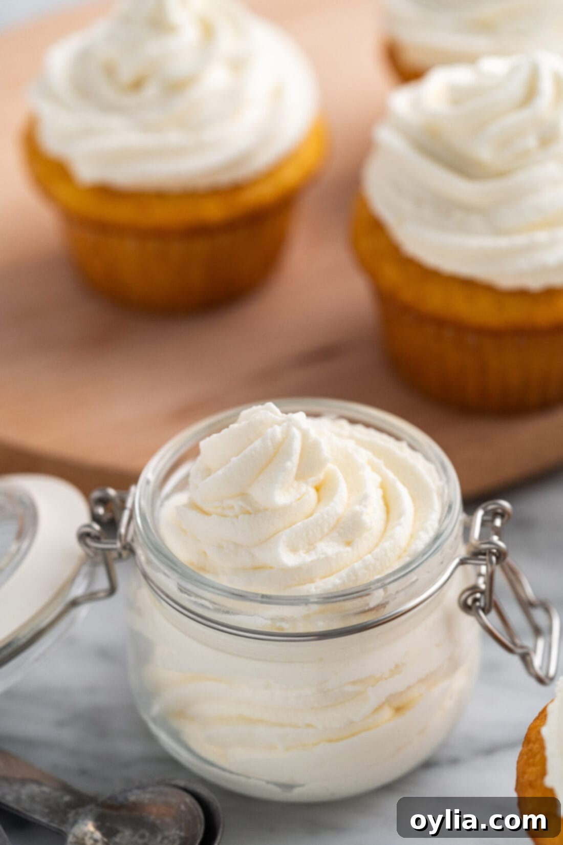 Smooth and fluffy Stabilized Whipped Cream in a jar, ready to be used