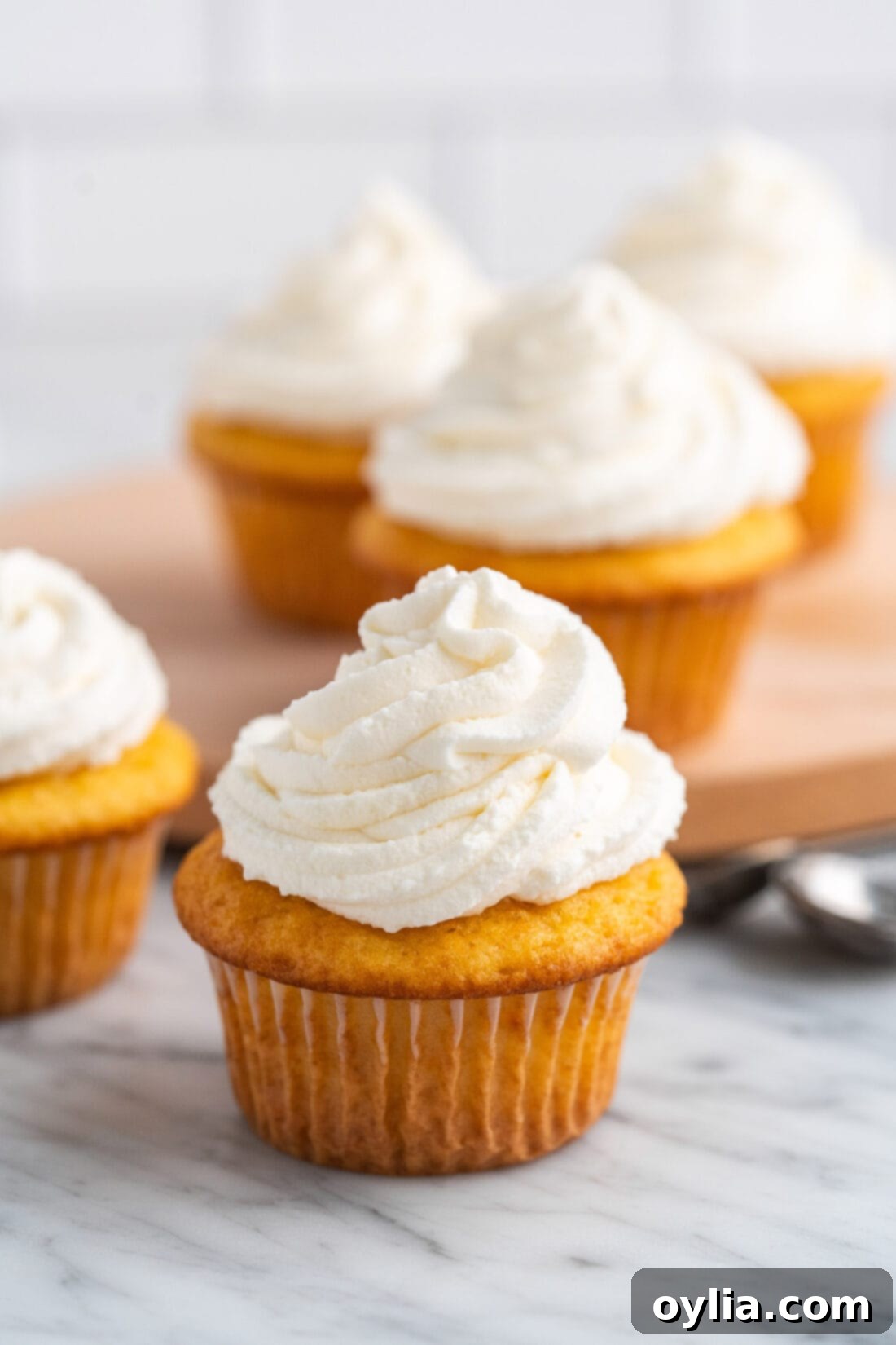 Stabilized Whipped Cream elegantly piped onto cupcakes, showing its firm structure