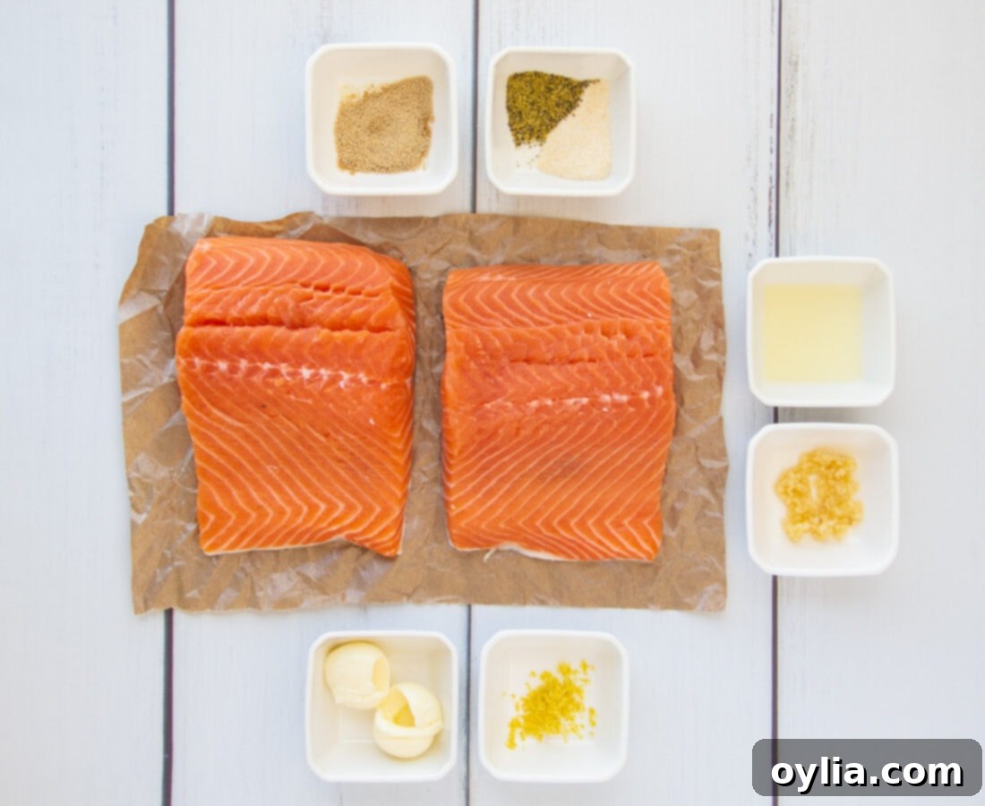 A curated display of all fresh ingredients needed for the Lemon Salmon recipe, ready for preparation.