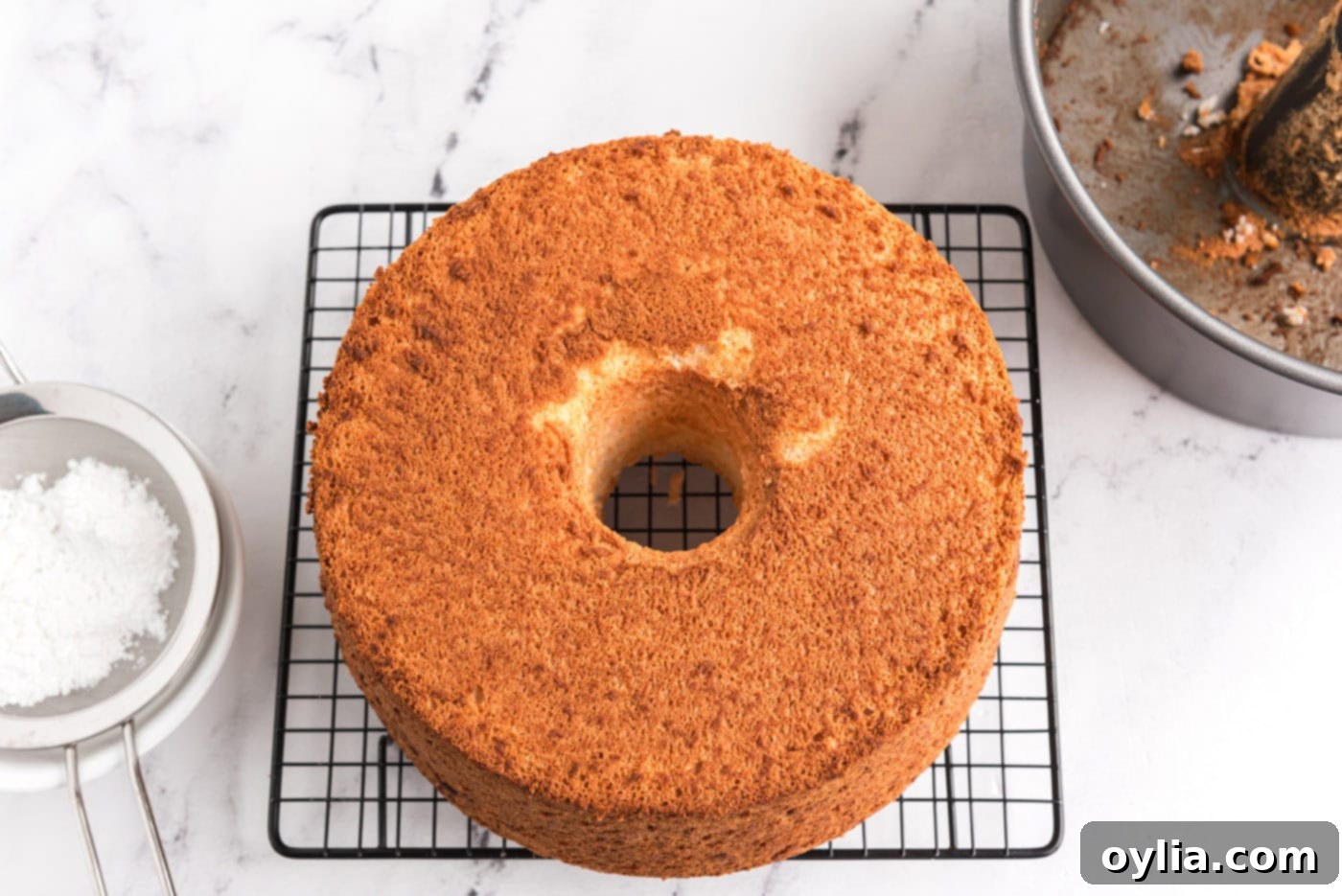 baked angel food cake cooling on a wire rack
