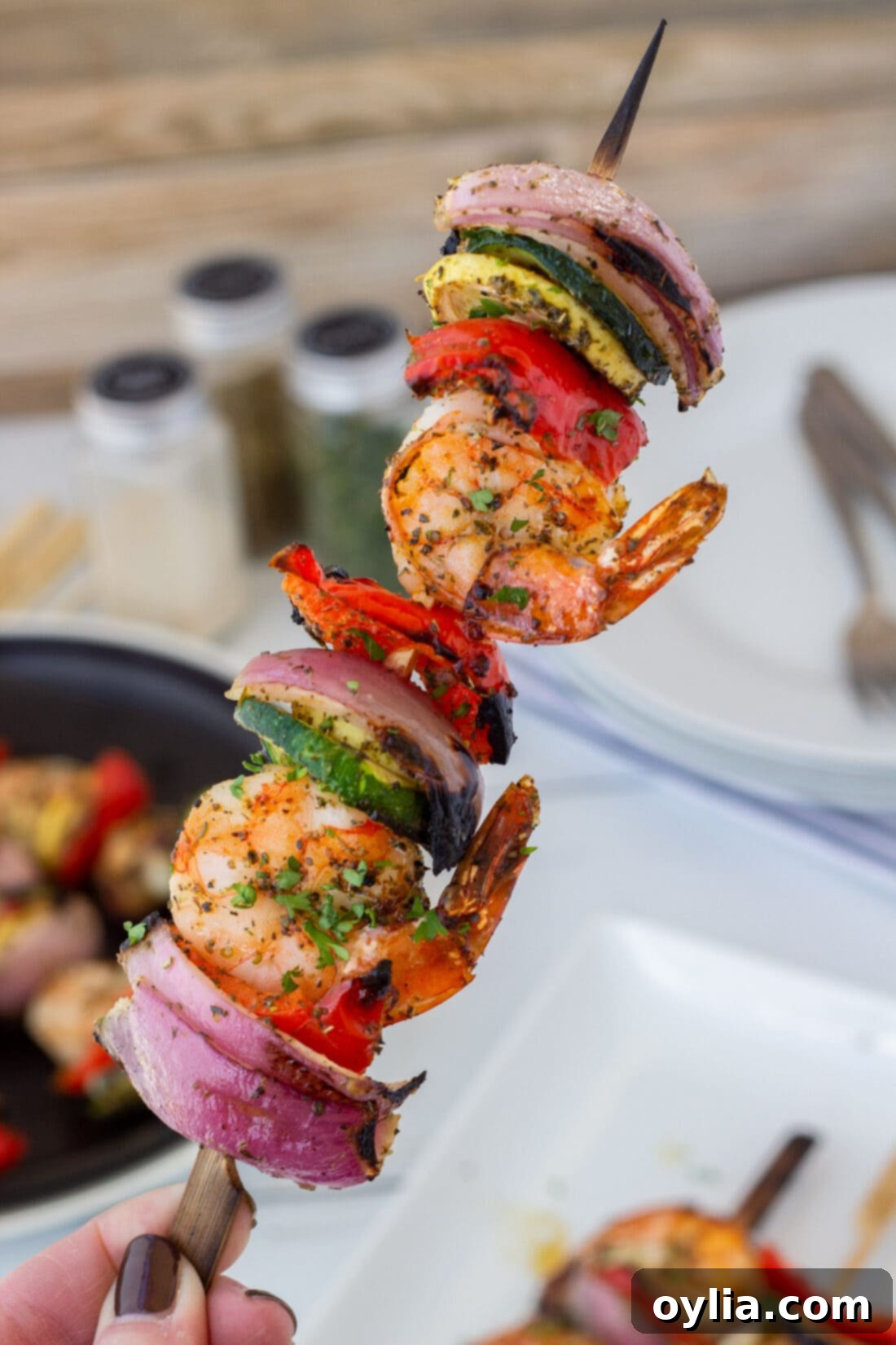 A hand holding a freshly grilled Shrimp Kabob, showing the delicious interplay of colors and textures.