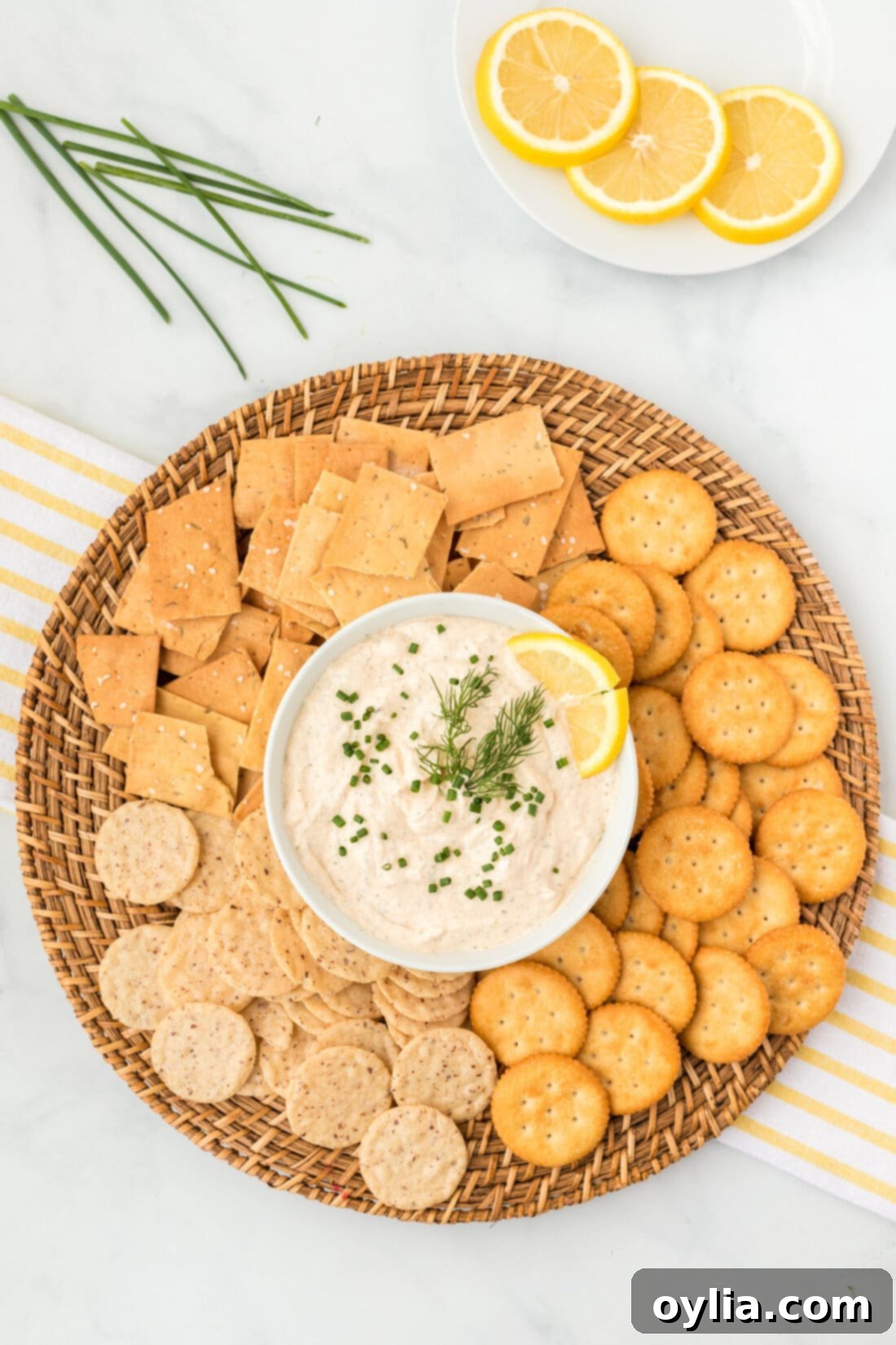 Gourmet Smoked Salmon Dip 2 Smoked Salmon Dip in a bowl surrounded by crackers, showcasing its creamy texture and vibrant color.