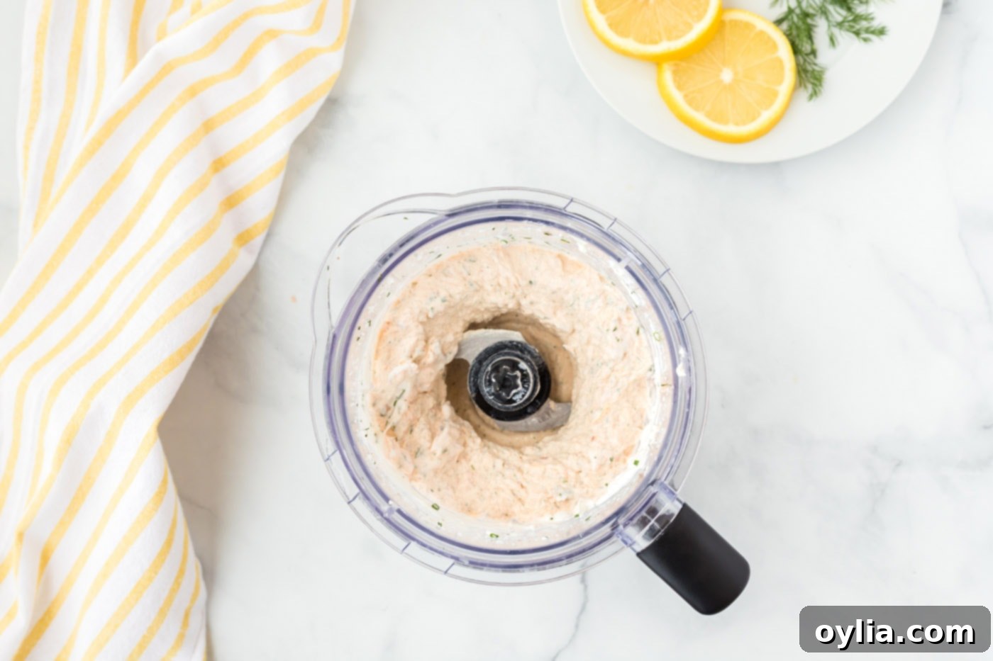 The perfectly blended Smoked Salmon Dip, showing its creamy texture with small chunks.