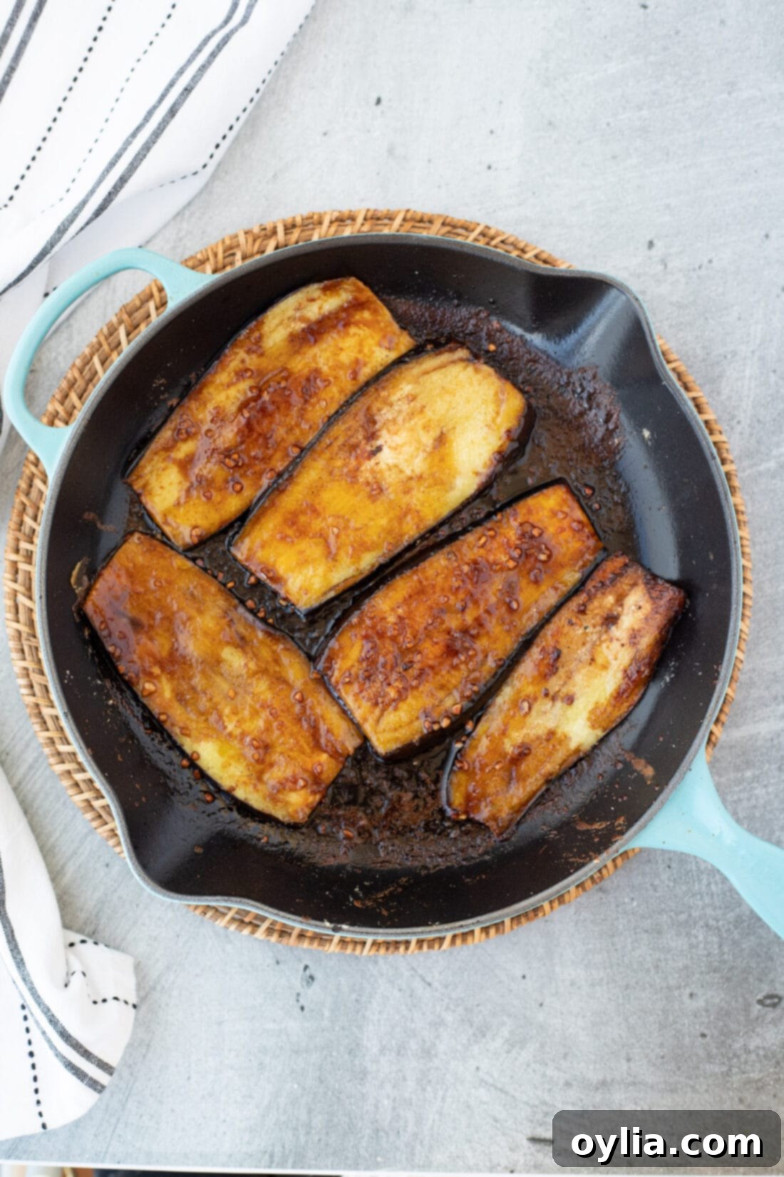 Soy Glazed Eggplant in skillet