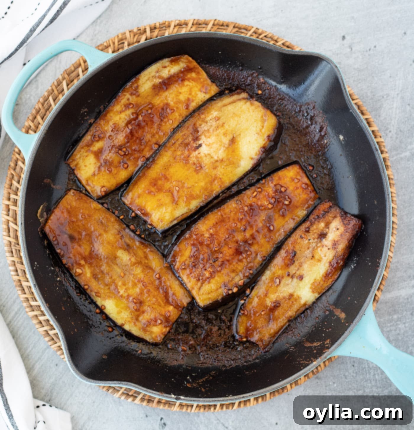 cooked eggplant in a skillet