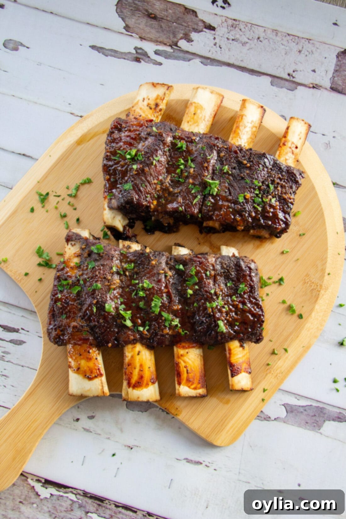 Beef Ribs made in the oven on a wood baord