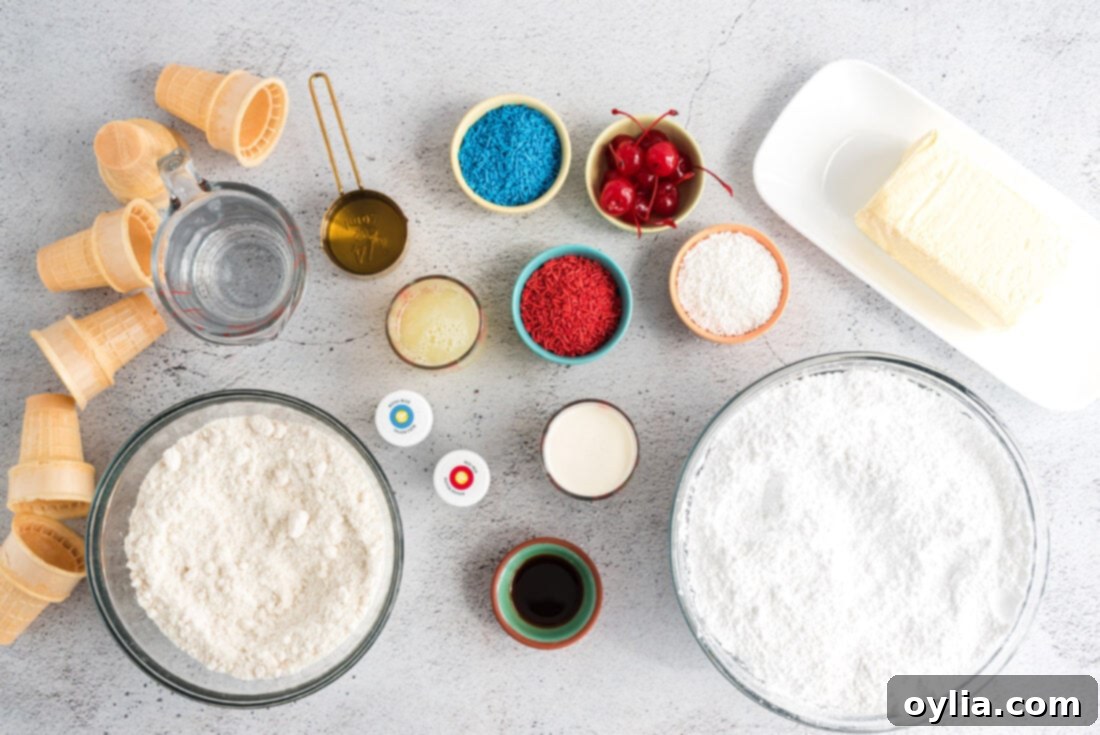 Patriotic Ice Cream Cone Cupcakes ingredients displayed on a counter