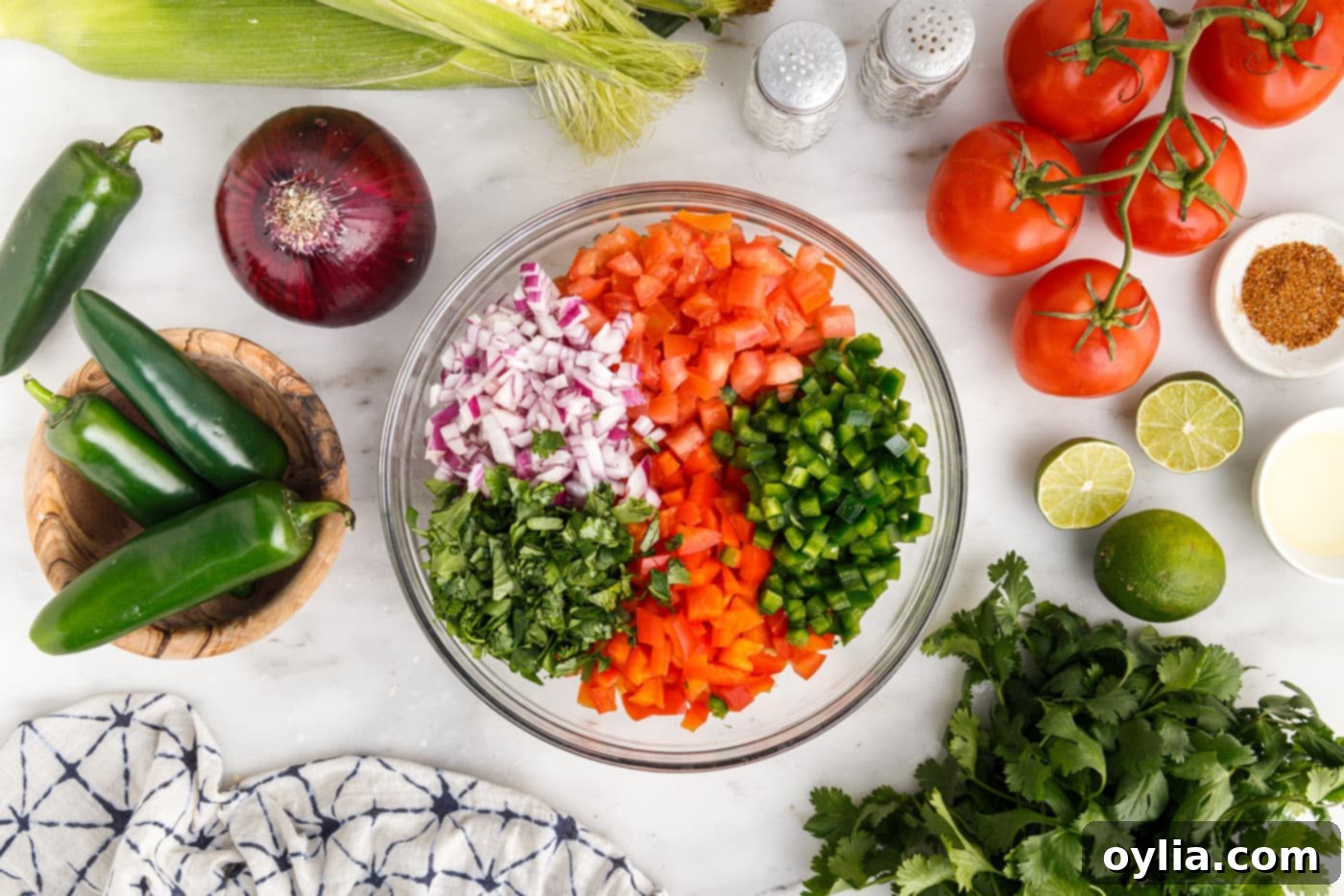 A large mixing bowl filled with freshly chopped corn, tomatoes, red onion, cilantro, and red bell peppers, ready to be combined.