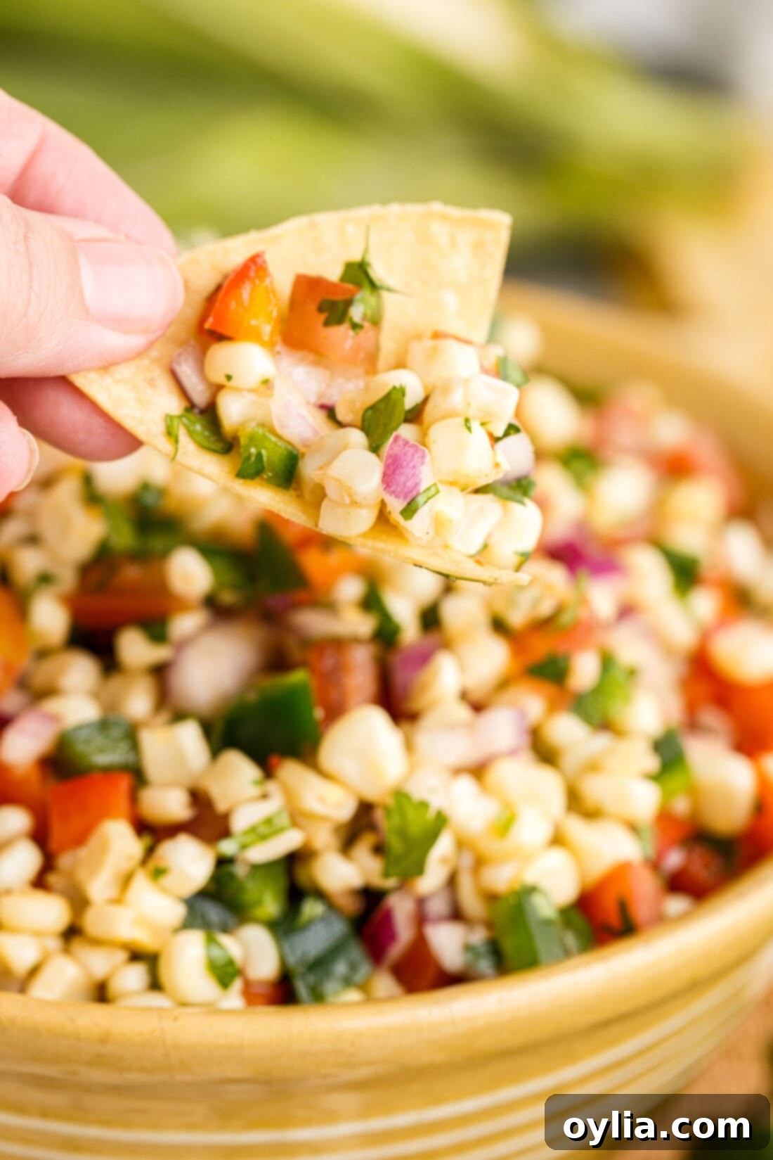 A single tortilla chip generously loaded with fresh corn salsa, ready to be eaten, highlighting the textures and colors.