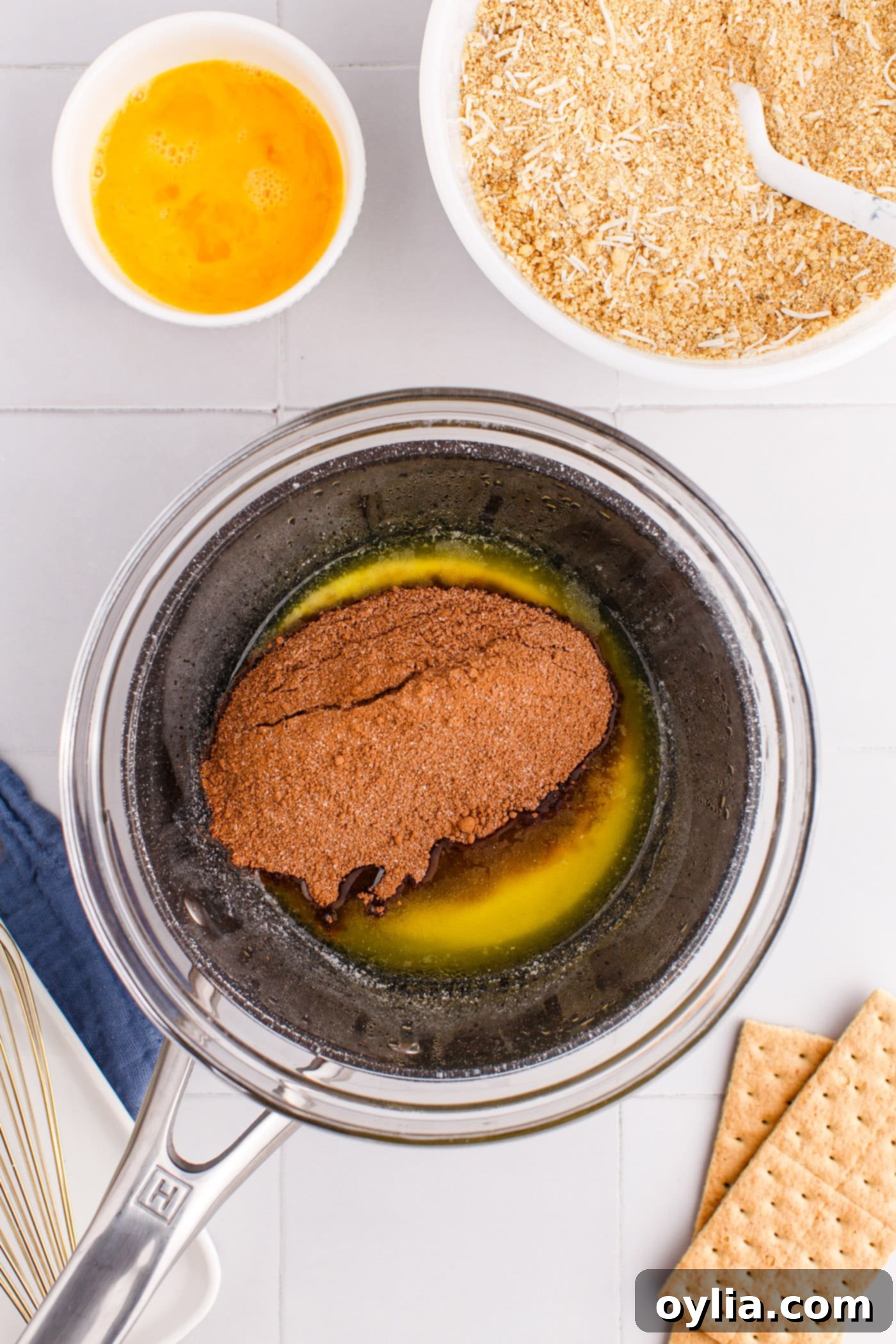 melted butter with cocoa powder and sugar on the stovetop