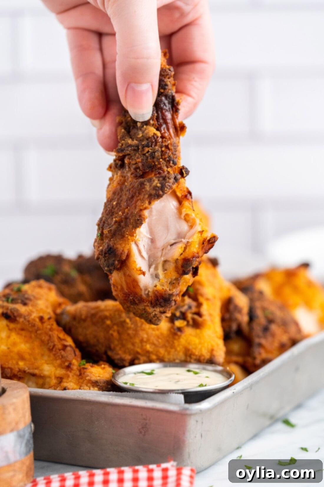 dipping air fried chicken leg