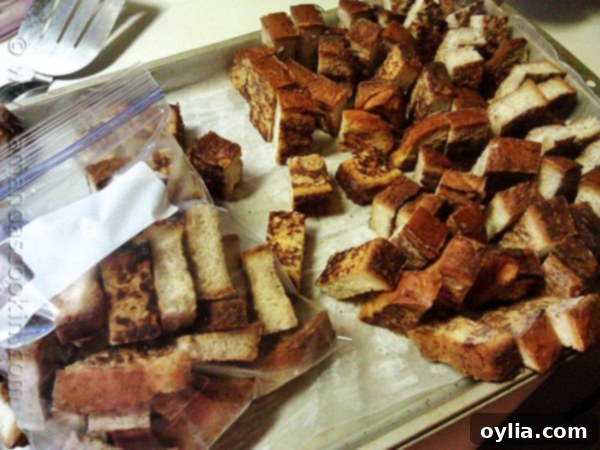 A close up photo of homemade freezer French toast sticks.