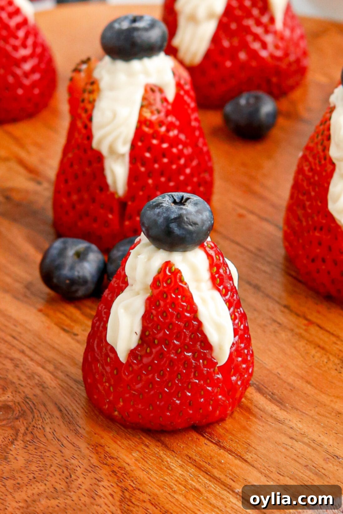 patriotic Stuffed Strawberries arranged elegantly on a serving dish.