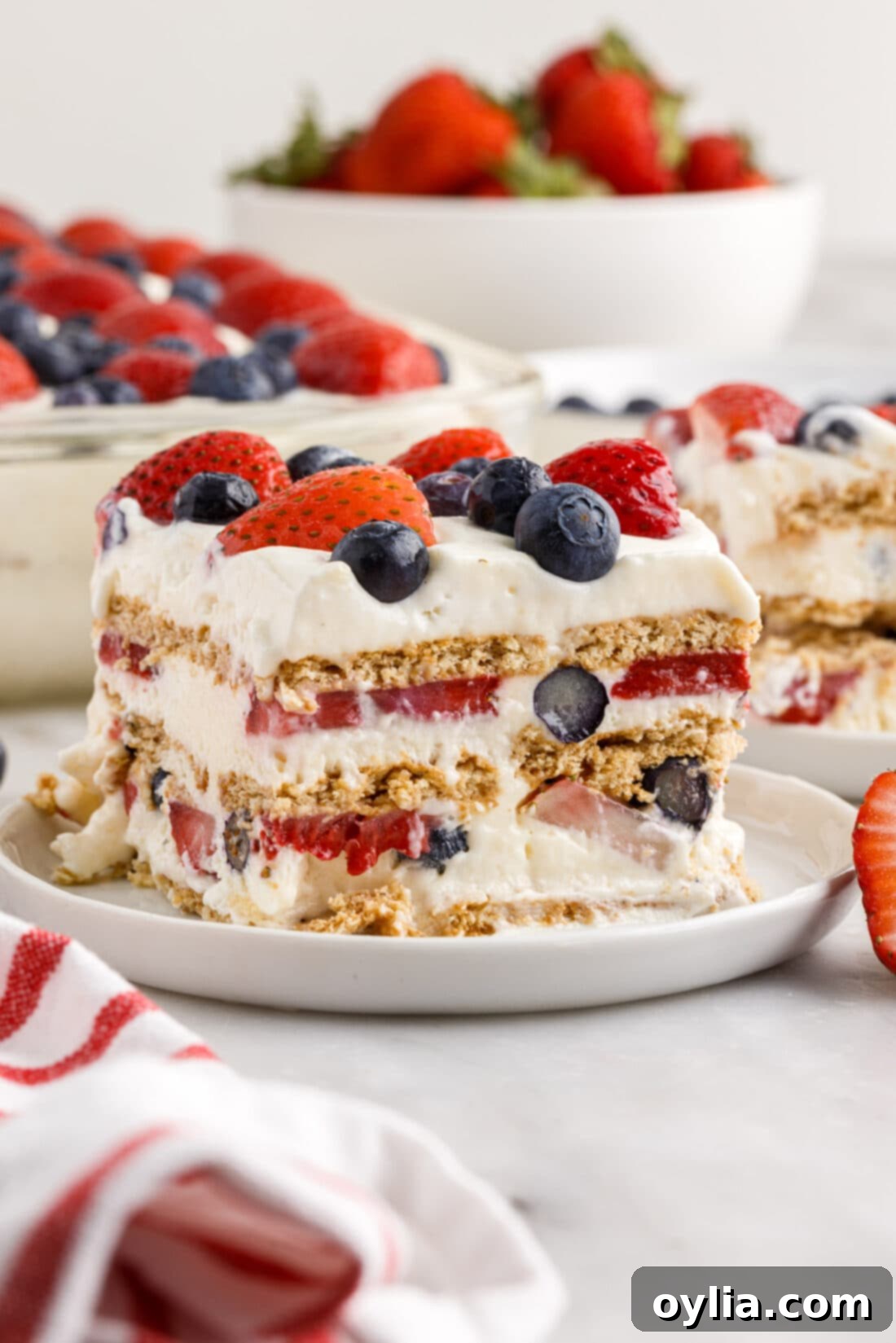 slice of Mixed Berry Icebox Cake on a plate