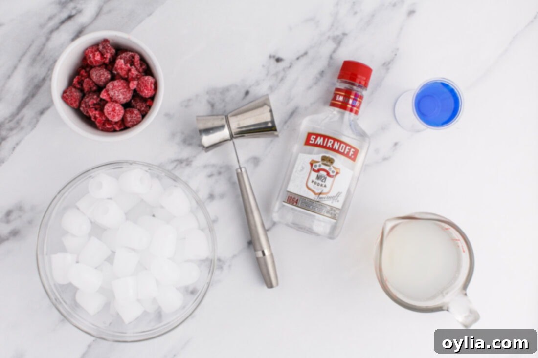 Individual ingredients laid out for Patriotic Vodka Lemonade Slushie preparation