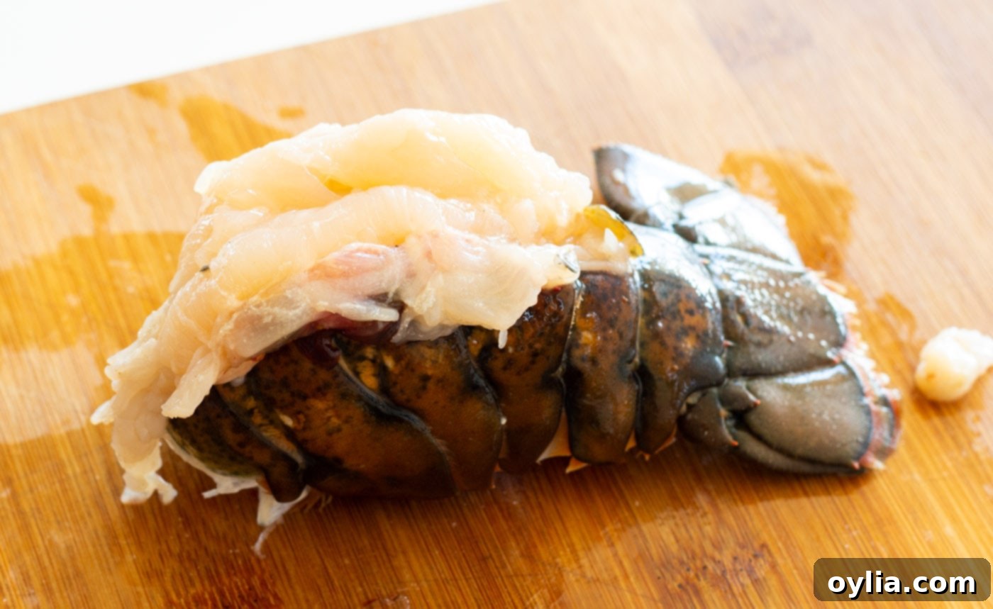 Crowned lobster tail, with meat resting elegantly on top of the shell