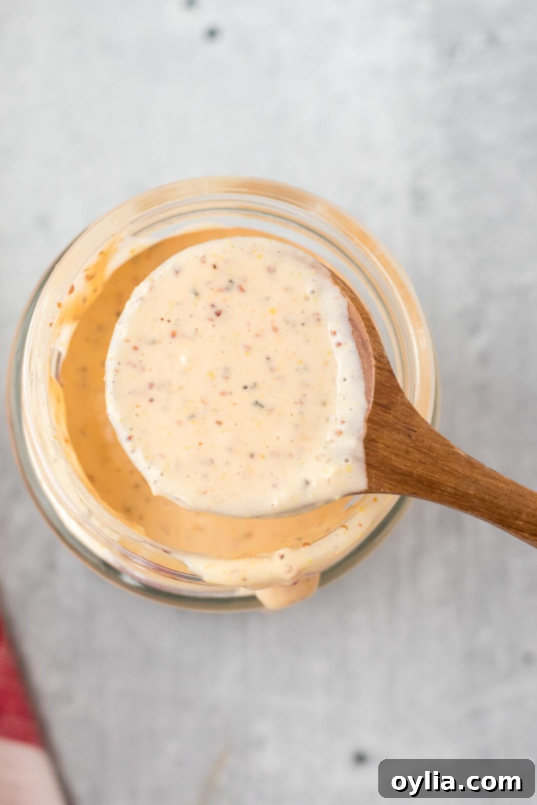 Overhead photo of a spoon full of creamy Alabama White Sauce against a rustic background, ready for serving