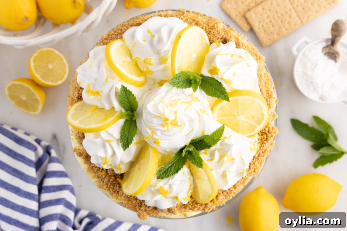 swirls of whipped cream, lemon slices, and fresh mint on top of lemon trifle